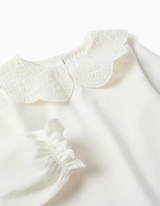T-shirt de manga comprida com bordado inglês para bebé menina, branco