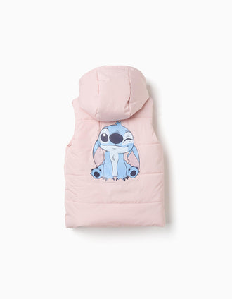 Colete acolchoado com capuz e estampados Stitch para menina, rosa-claro
