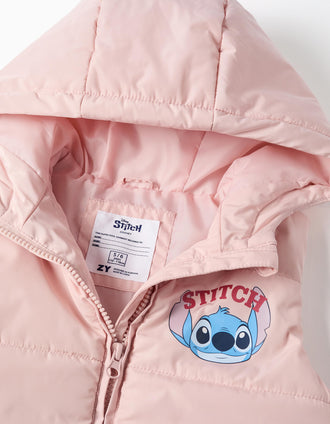 Colete acolchoado com capuz e estampados Stitch para menina, rosa-claro