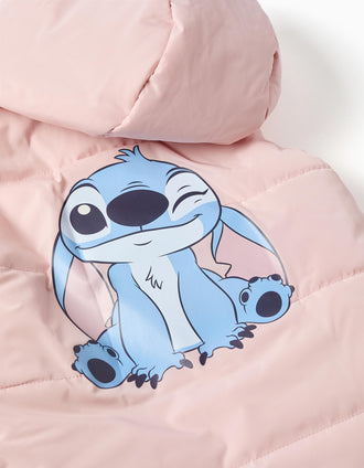 Colete acolchoado com capuz e estampados Stitch para menina, rosa-claro