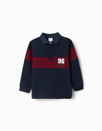 Polo en coton à manches longues et imprimé pour garçon, bleu/rouge