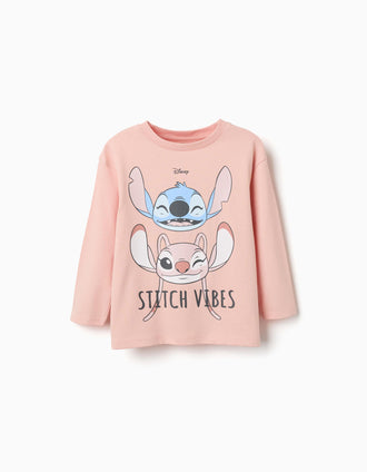 T-shirt de manga comprida Stitch Vibes para menina, rosa-claro