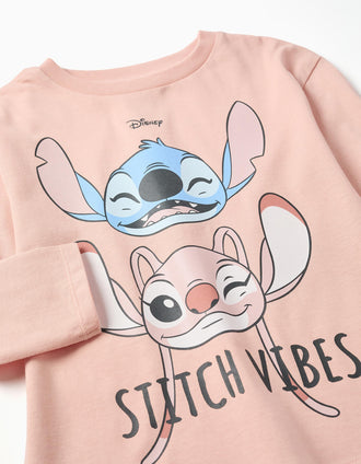 T-shirt de manga comprida Stitch Vibes para menina, rosa-claro