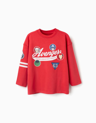 Long sleeve cotton T-shirt with Avengers prints for boys, red