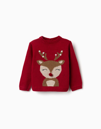 Pull en maille avec renne jacquard pour bébé fille, rouge
