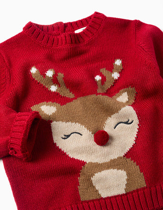 Pull en maille avec renne jacquard pour bébé fille, rouge