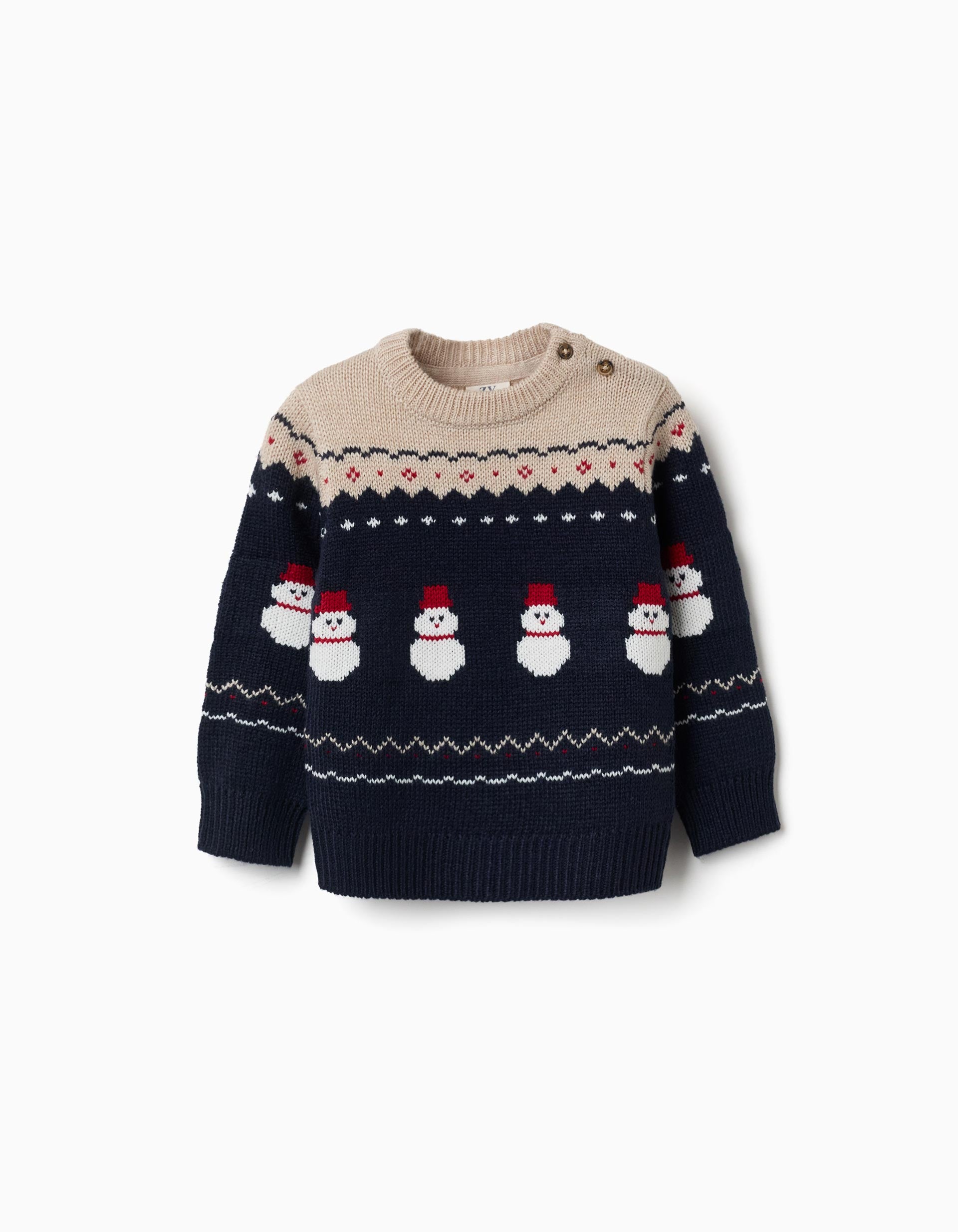 Camisola de malha com bonecos de neve jacquard para bebé menino, azul/bege