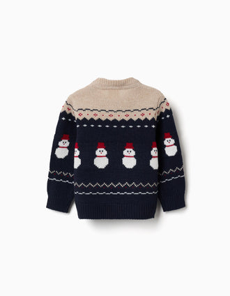 Camisola de malha com bonecos de neve jacquard para bebé menino, azul/bege