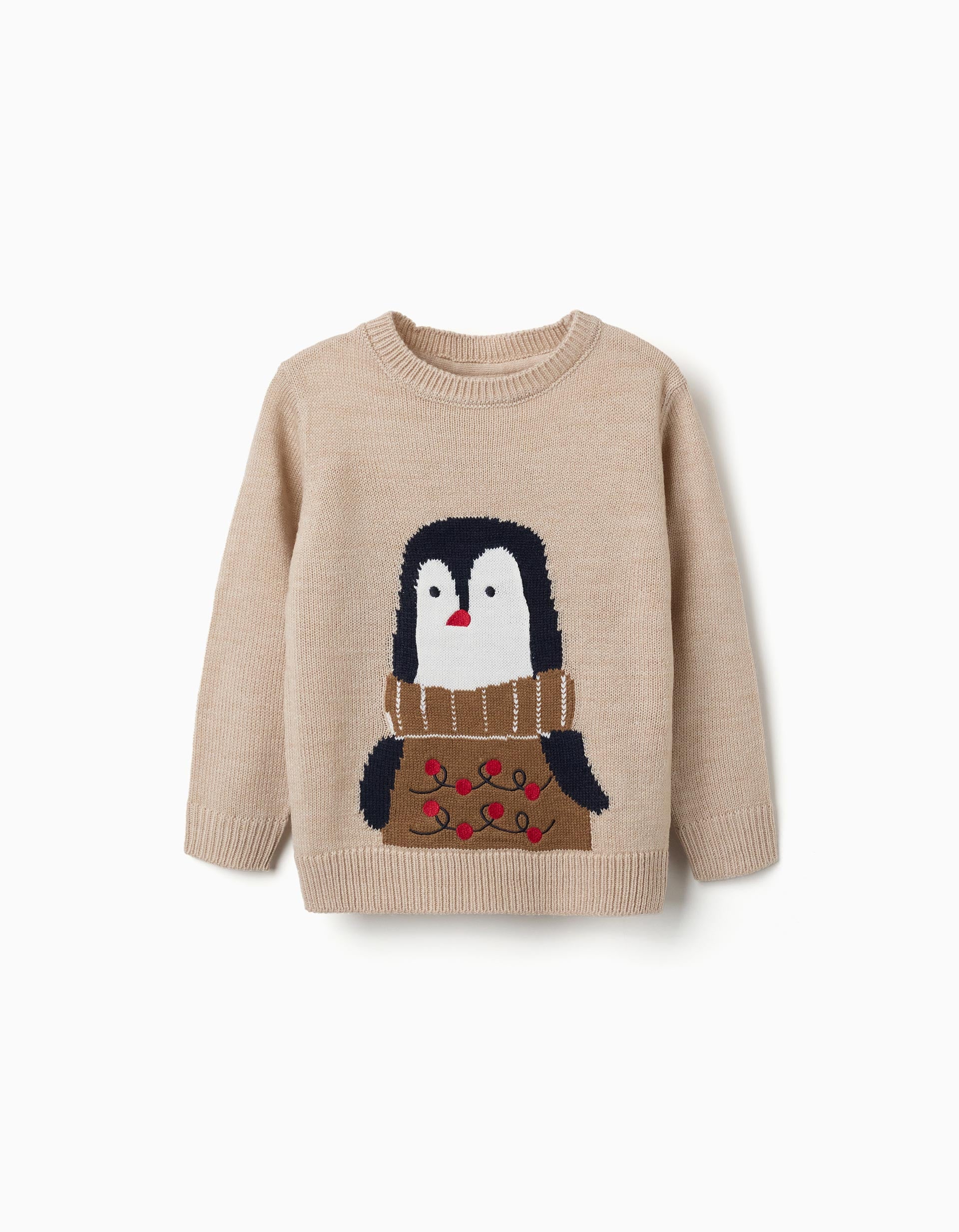 Camisola de malha com pinguim jacquard para criança, bege