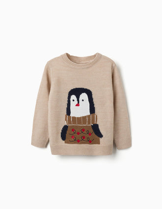 Camisola de malha com pinguim jacquard para criança, bege