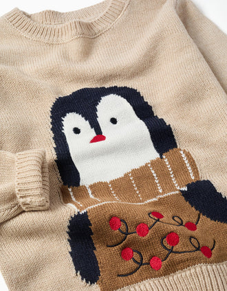 Camisola de malha com pinguim jacquard para criança, bege