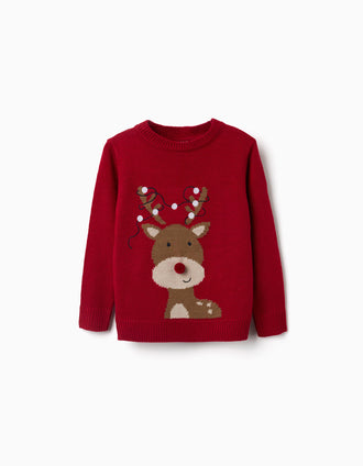 Pull en maille avec renne jacquard pour enfant, rouge