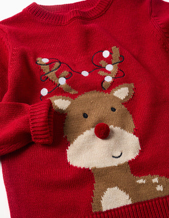 Pull en maille avec renne jacquard pour enfant, rouge