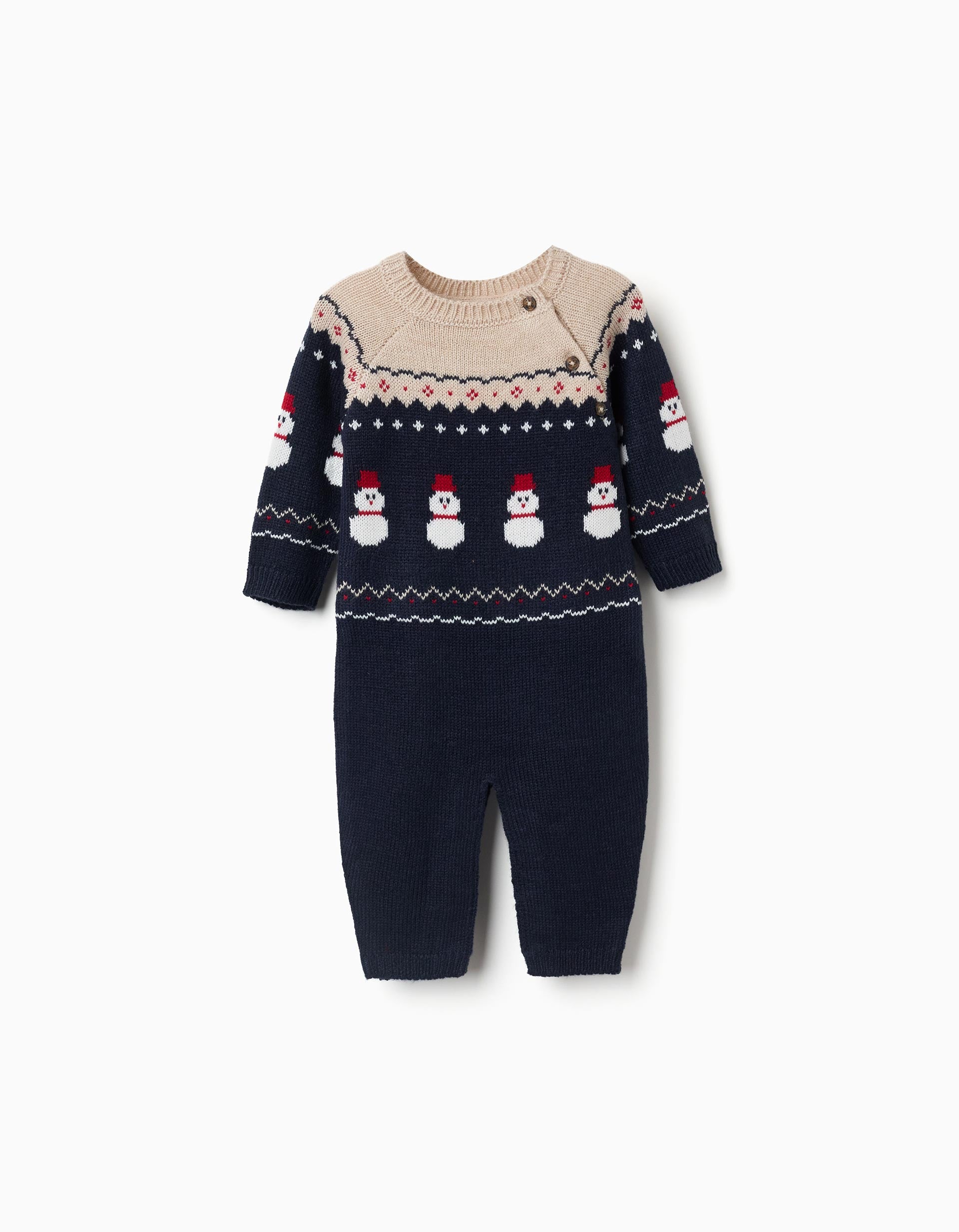 Mono de manga larga de punto con jacquard para recién nacidos, beige/azul