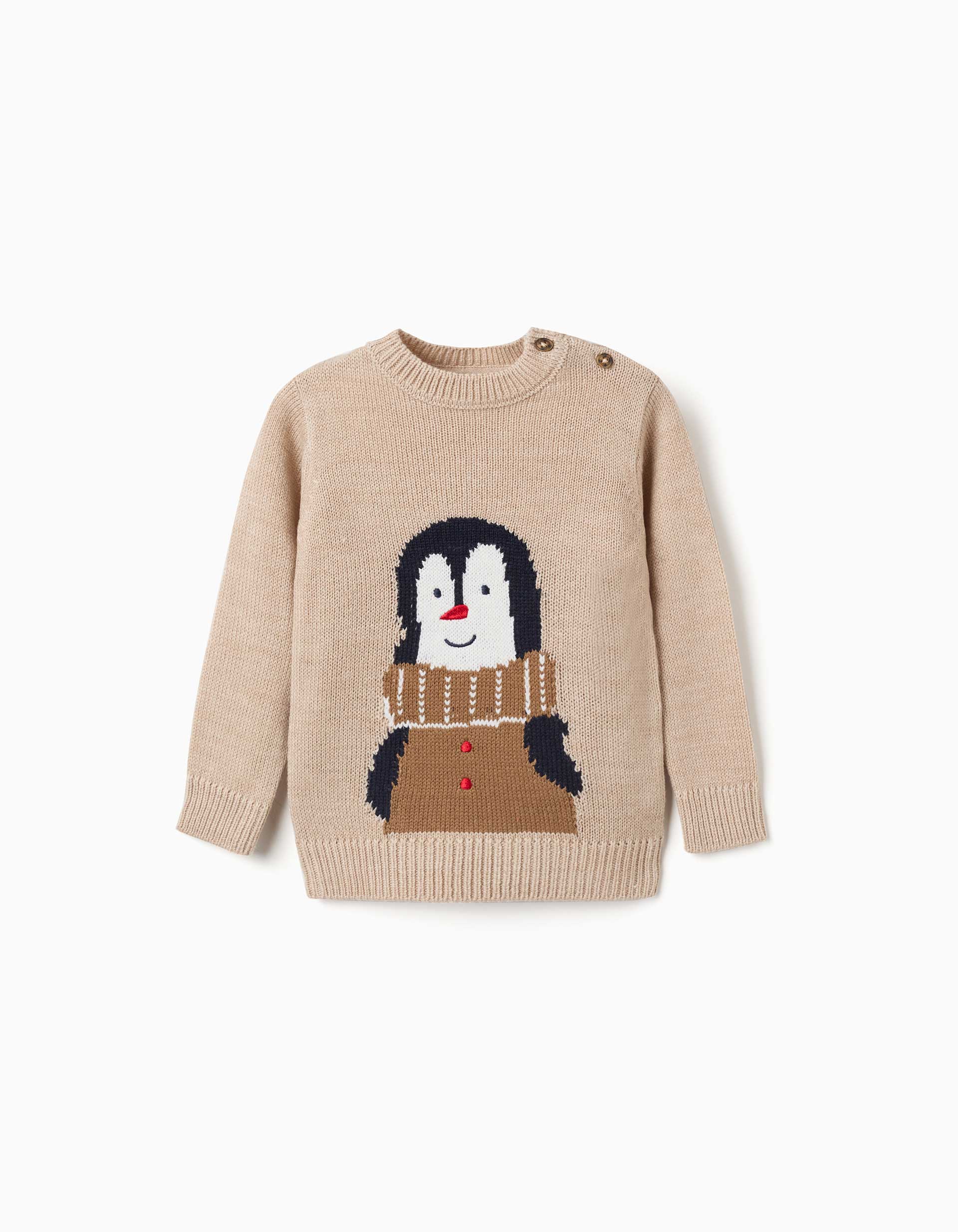 Camisola de malha com pinguim jacquard para bebé menino, bege