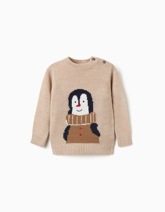 Camisola de malha com pinguim jacquard para bebé menino, bege