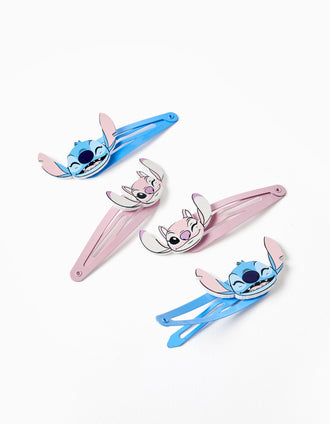 Lot de 4 pinces à cheveux Stitch et Angel pour bébé et fille, bleu/rose