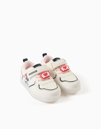 Light-up trainers with Minnie print for baby girls, light beige