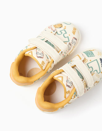 Touch-fastening trainers with colourful print for baby boys, white/yellow