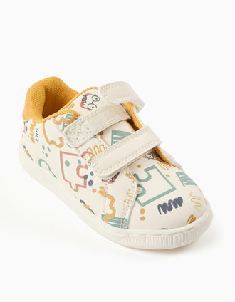 Touch-fastening trainers with colourful print for baby boys, white/yellow