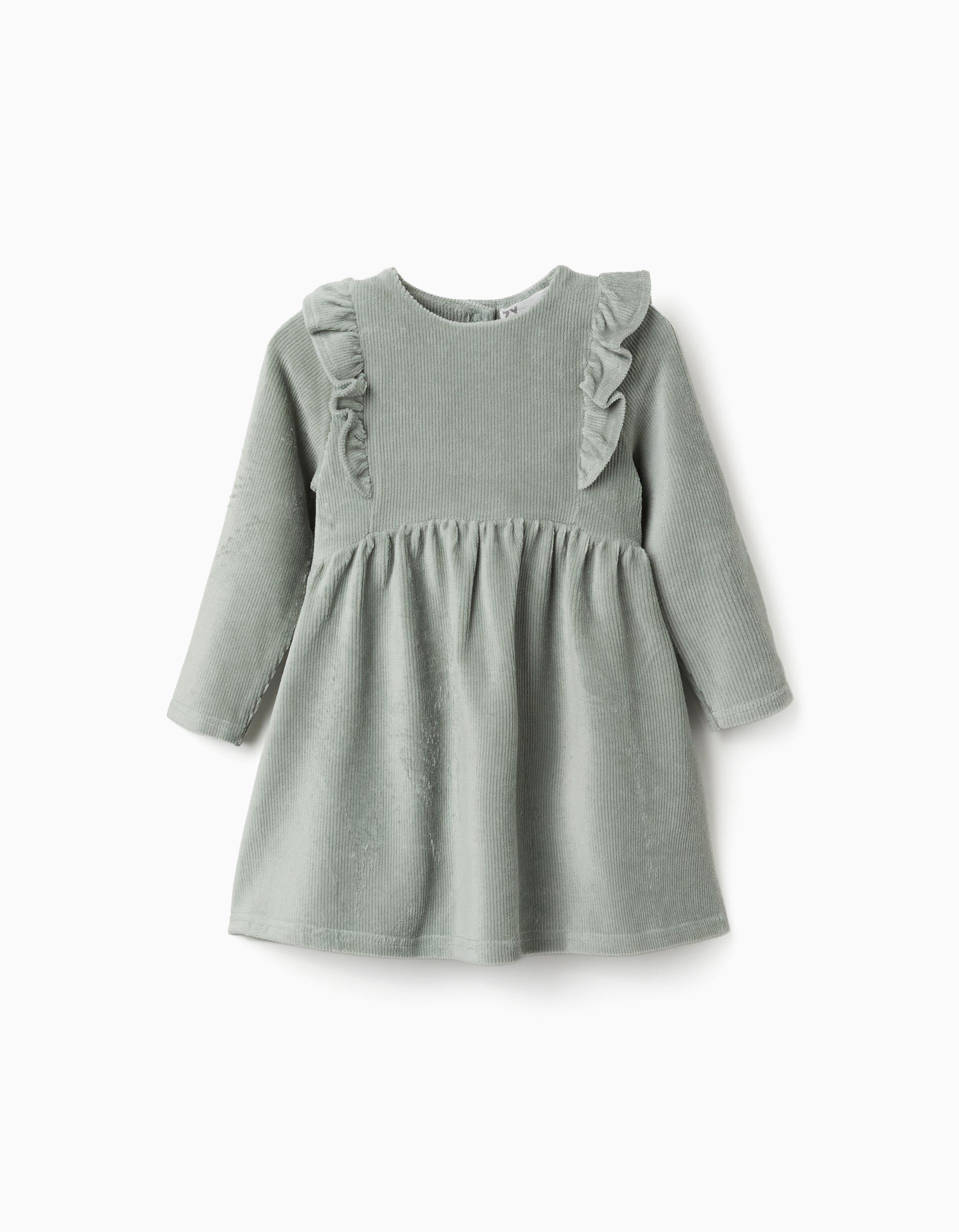 Robe en velours côtelé à manches longues à volants pour bébé fille, vert