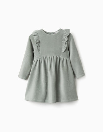 Robe en velours côtelé à manches longues à volants pour bébé fille, vert