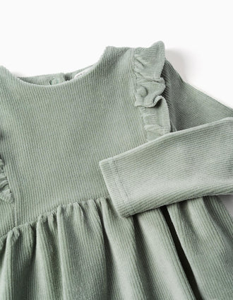 Robe en velours côtelé à manches longues à volants pour bébé fille, vert