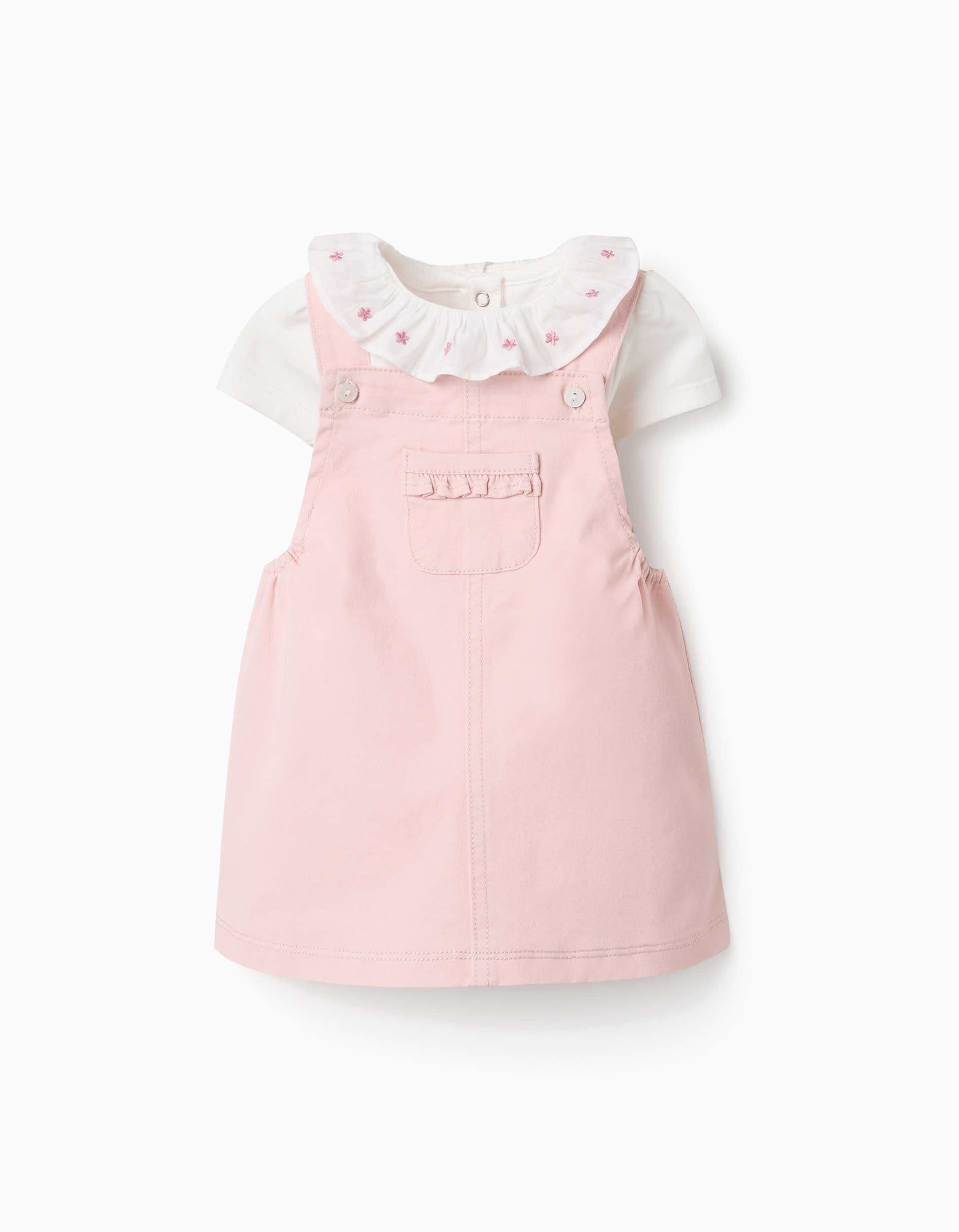 Body de algodão + saia de peito de sarja para recém-nascida, branco/rosa