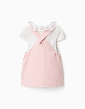 Body de algodão + saia de peito de sarja para recém-nascida, branco/rosa