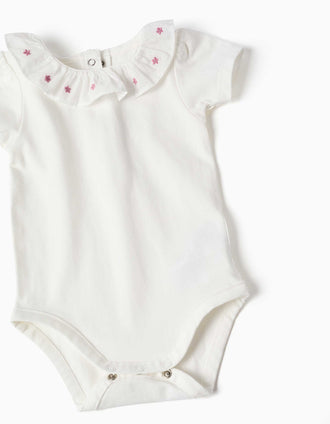 Body de algodão + saia de peito de sarja para recém-nascida, branco/rosa