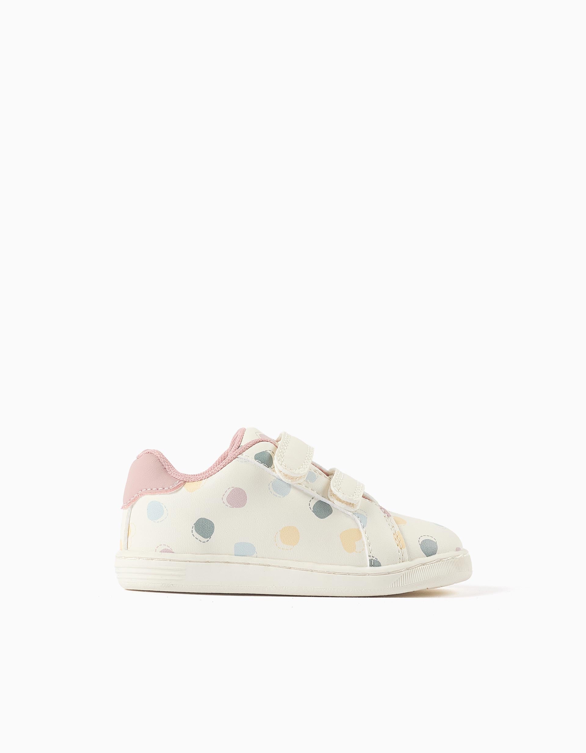 Zapatillas bajas con tira autoadherente y lunares para bebé niña, blanco