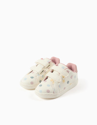 Zapatillas bajas con tira autoadherente y lunares para bebé niña, blanco