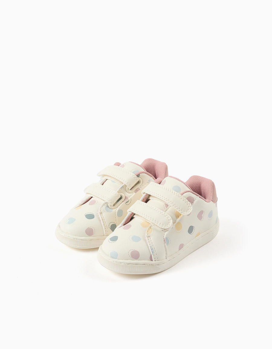 Touch-fastening trainers with dots pattern for baby girls, white