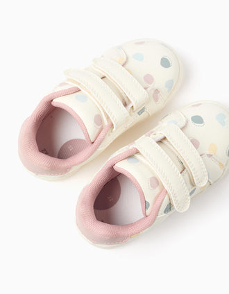 Zapatillas bajas con tira autoadherente y lunares para bebé niña, blanco