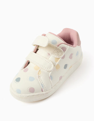 Zapatillas bajas con tira autoadherente y lunares para bebé niña, blanco