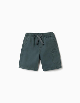 Midi cotton cargo shorts with a drawstring for boys, dark green
