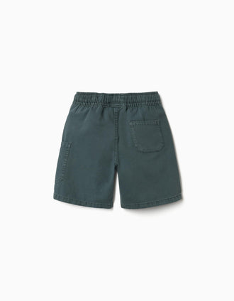 Midi cotton cargo shorts with a drawstring for boys, dark green