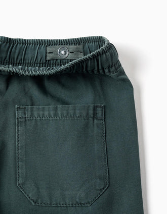 Midi cotton cargo shorts with a drawstring for boys, dark green