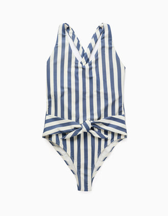 Maillot de bain à rayures et ceinture You&Me pour femme, blanc/bleu