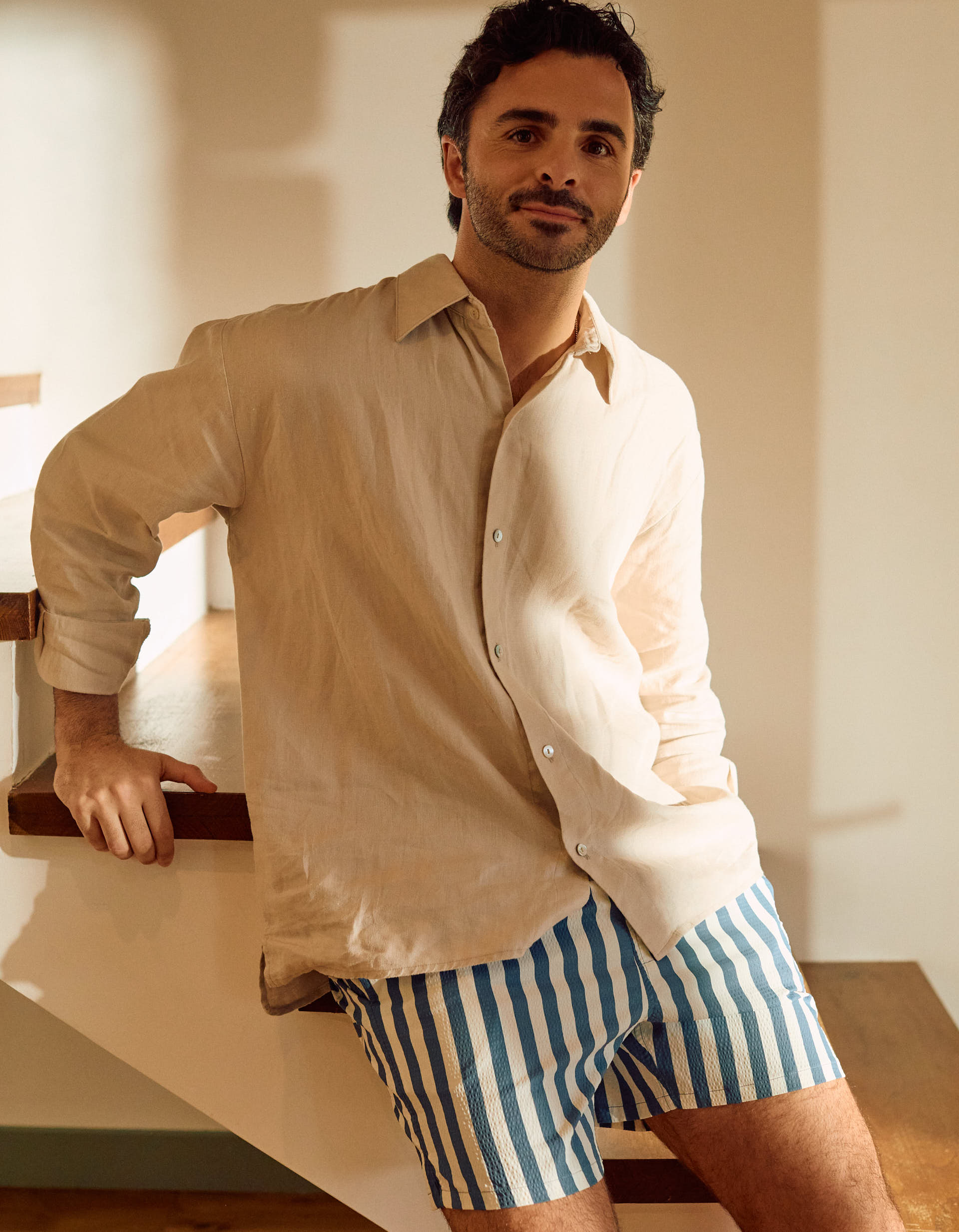 Calções de banho às riscas com cordão You&Me para homem, branco/azul