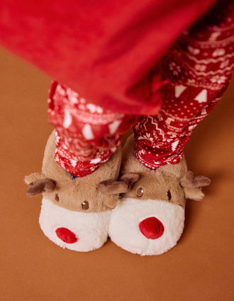 Pantufas em pelo sintético com rena bordada para criança, bege/branco