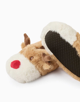 Pantufas em pelo sintético com rena bordada para criança, bege/branco