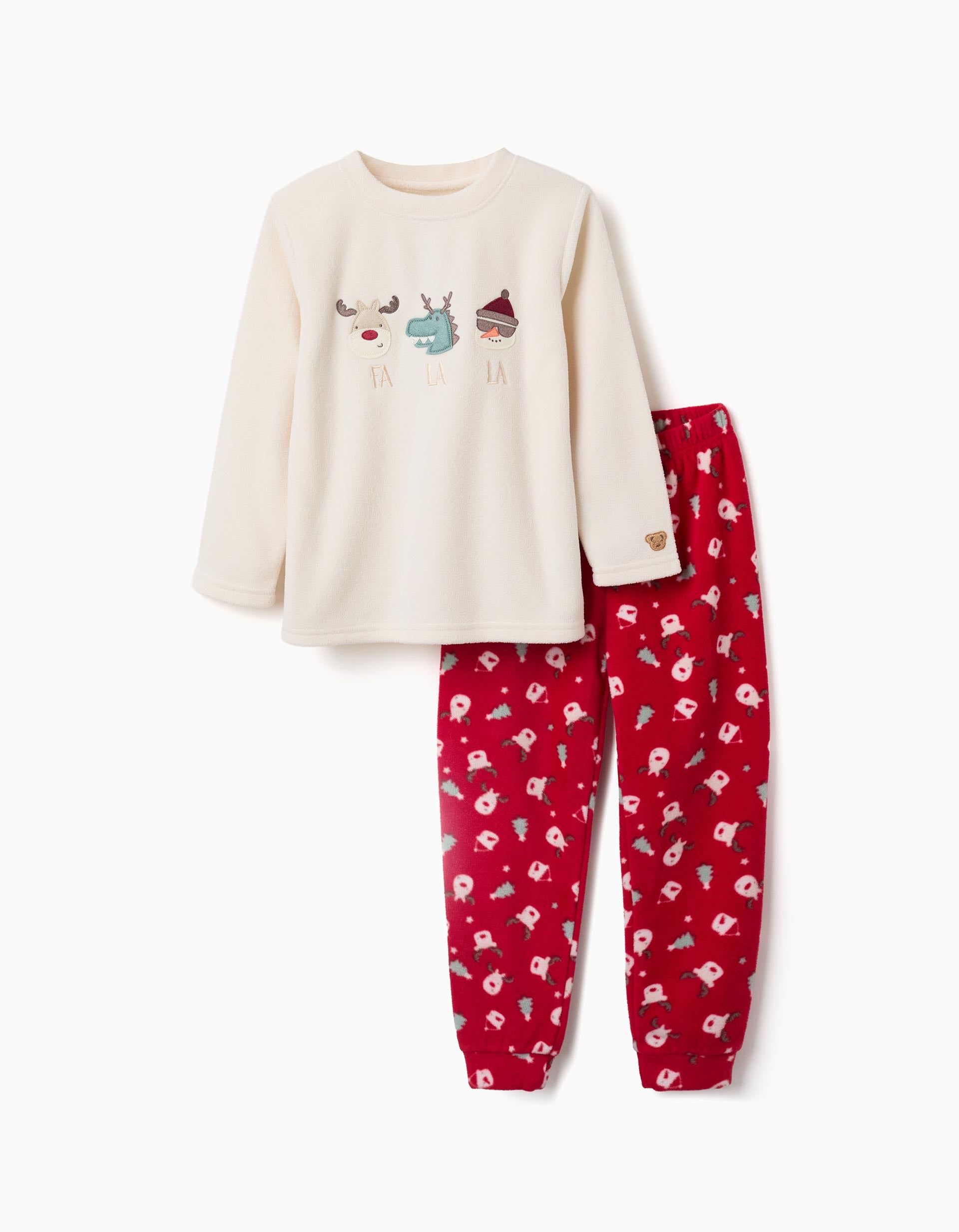 Pyjama long en polaire avec broderie de renne pour enfant, blanc/rouge