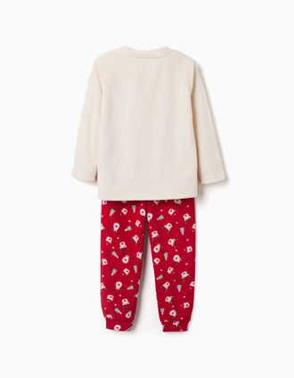 Pyjama long en polaire avec broderie de renne pour enfant, blanc/rouge