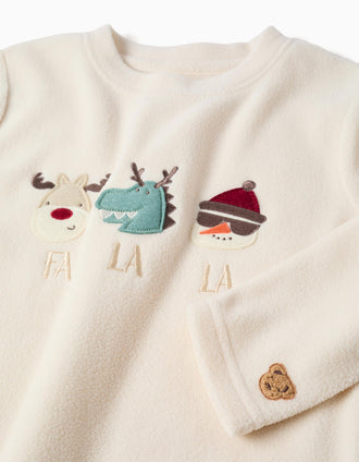 Pyjama long en polaire avec broderie de renne pour enfant, blanc/rouge