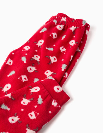 Pyjama long en polaire avec broderie de renne pour enfant, blanc/rouge
