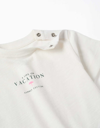T-shirt en coton avec imprimé Vacation pour bébé garçon, beige clair