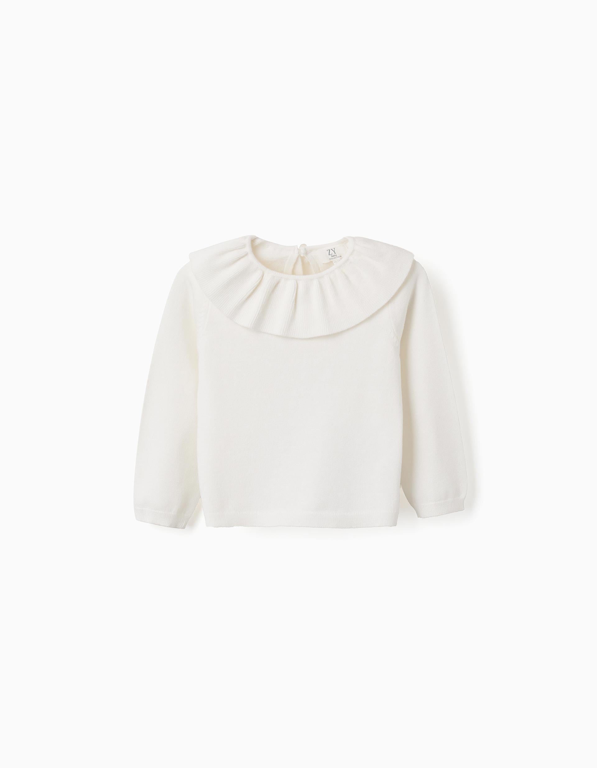 Jersey de punto con cuello con volantes para bebé niña, blanco