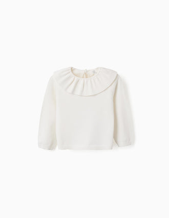 Jersey de punto con cuello con volantes para bebé niña, blanco
