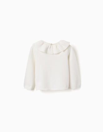 Jersey de punto con cuello con volantes para bebé niña, blanco
